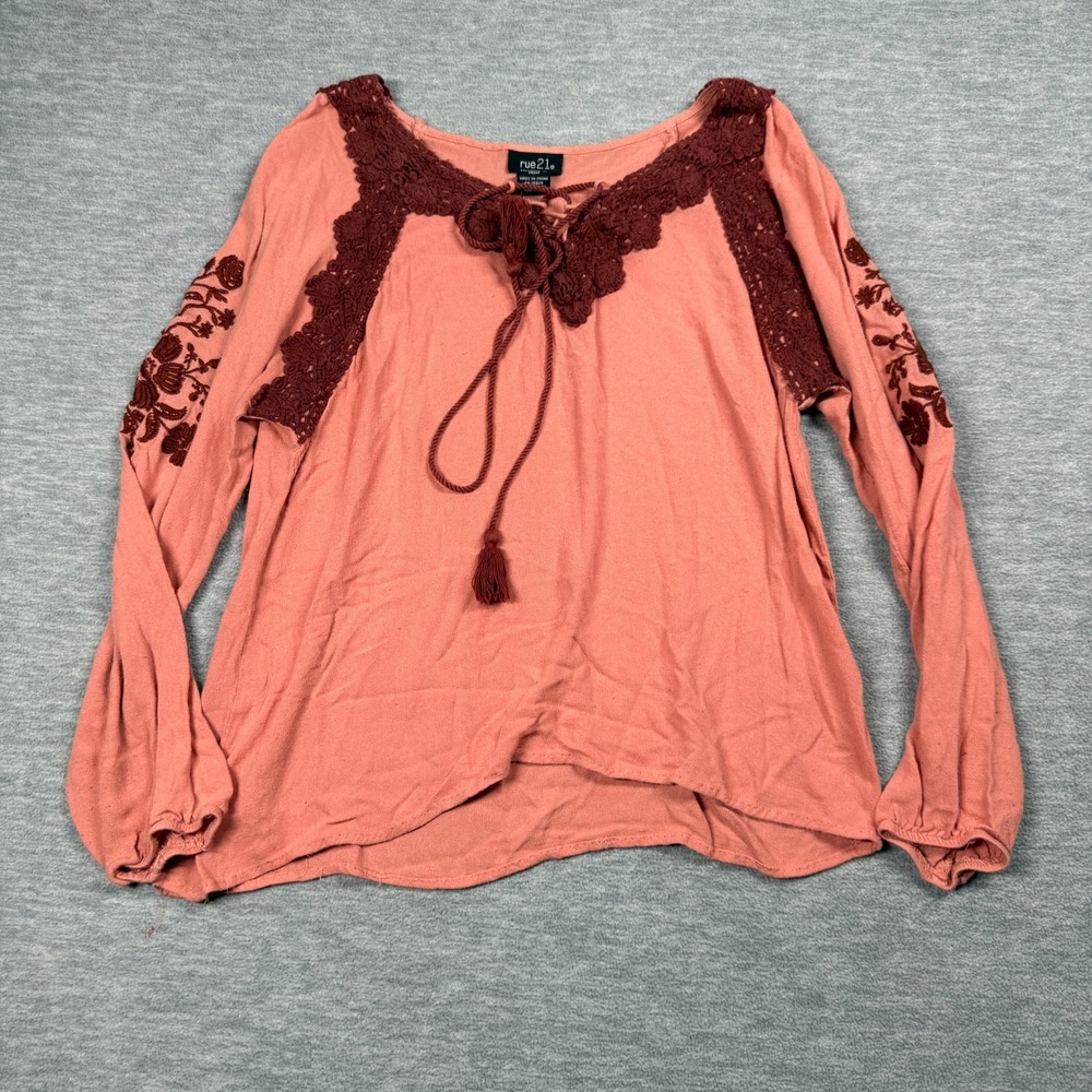 rue21 Top Womens M Pink Embroidered Lace‎ Trim Boho Tassel Tie Neck Long Sleeve